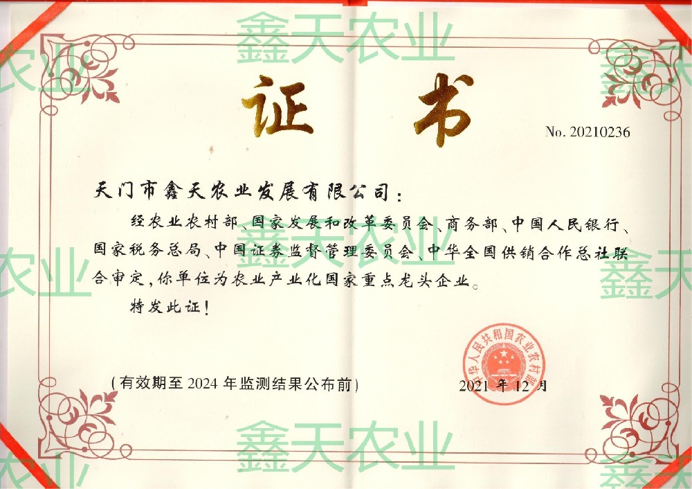 國(guó)家級(jí)龍頭企業(yè)證書(shū)（2021）